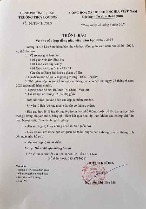 Thông Báo hợp đồng Giáo Viên